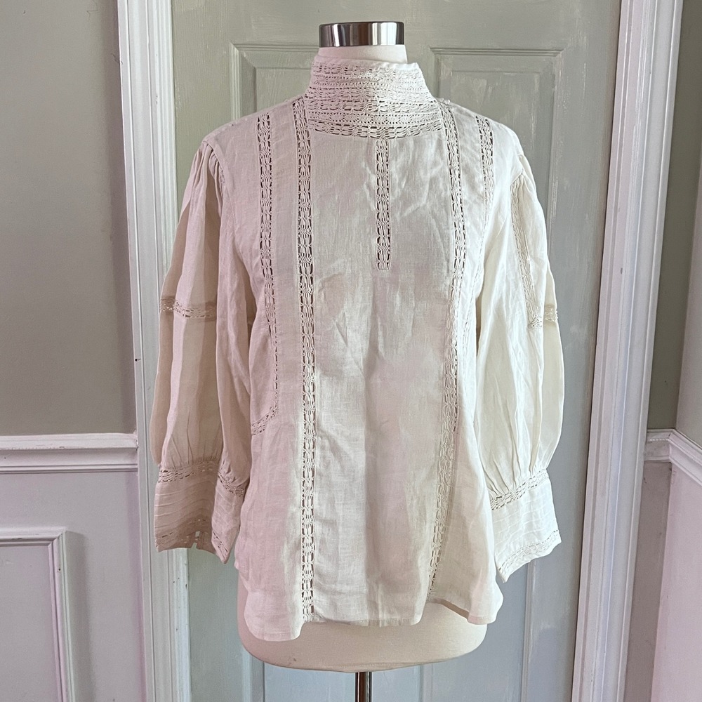 Polo Vintage Victorian Blouse L Women Crochet Lace Pintuck Cotton Ivory Boho Top